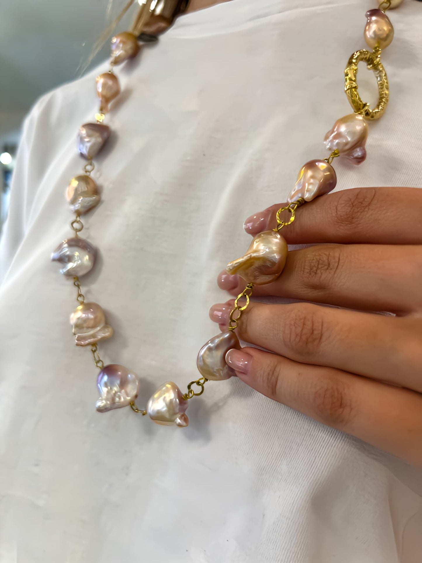 Collana in Argento 925 dorato e perle coltivate d’acqua dolce rosate