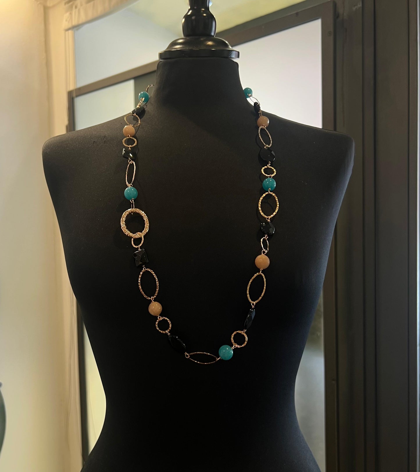 Collana in Argento 925 rosato, onice, pietra di luna e quarzo azzurro